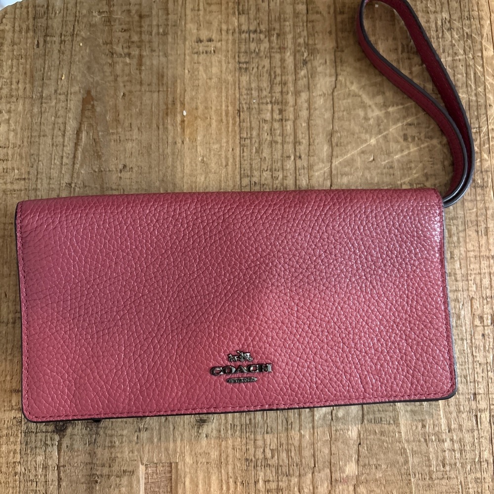 COACH Slim Colorblock Polished Pebble Leather WALLET Wrislet in Dahilia